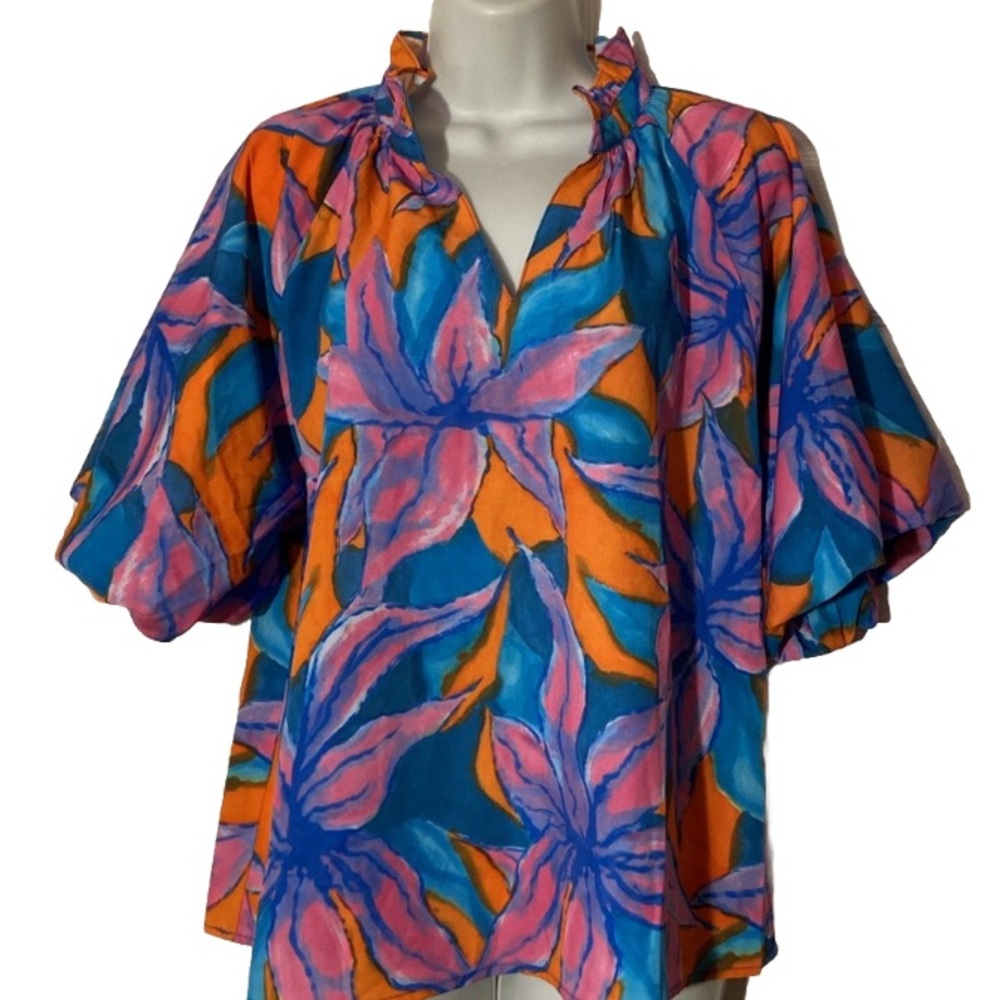 THML Bell Raglan Sleeve Tunic Blouse Top sz L Ruffle V-Neckline Multicolor